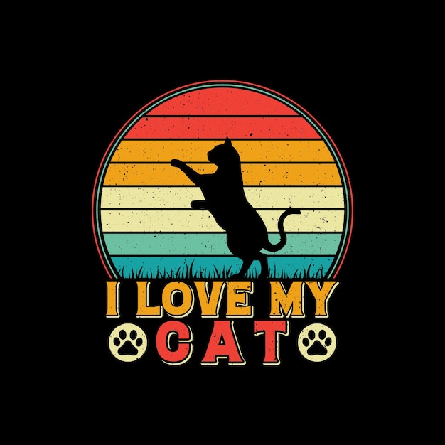 レトロな猫の t シャツのデザイン、ビンテージの t シャツのデザイン、サンセット t シャツの私の猫の t シャツのデザインが大好き
