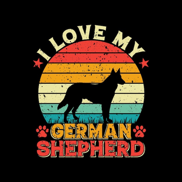 I Love My German Shepherd T-셔츠 디자인, 재미있는 부드러운 폭스 테리어 빈티지 복고풍 일몰 실루엣