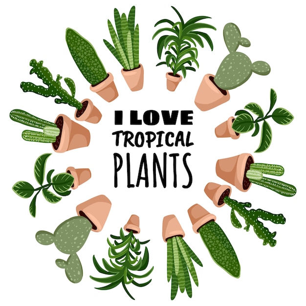 Я люблю тропические растения мультяшный стиль открытки, милый венок орнамент кадра