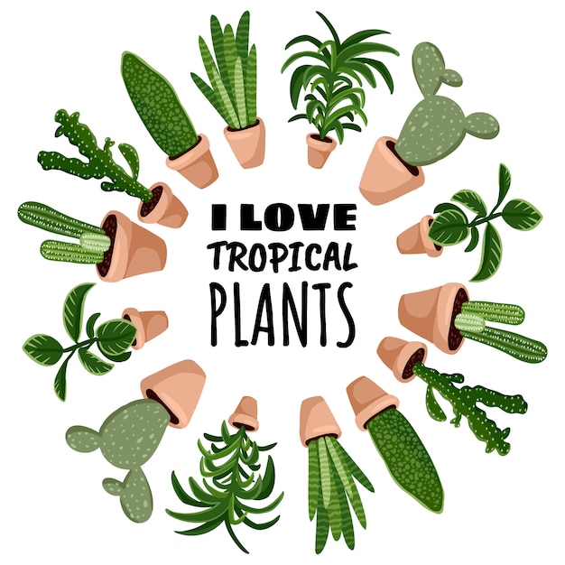 I love tropical plants cartoon style postcard, cute wreath ornament frame