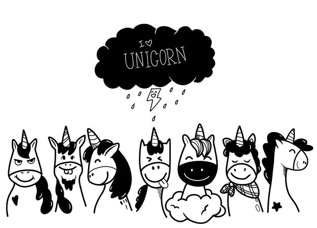 I Love Unicorns Hand Drawn Doodle ExpressionxA (私はユニコーンを愛している)