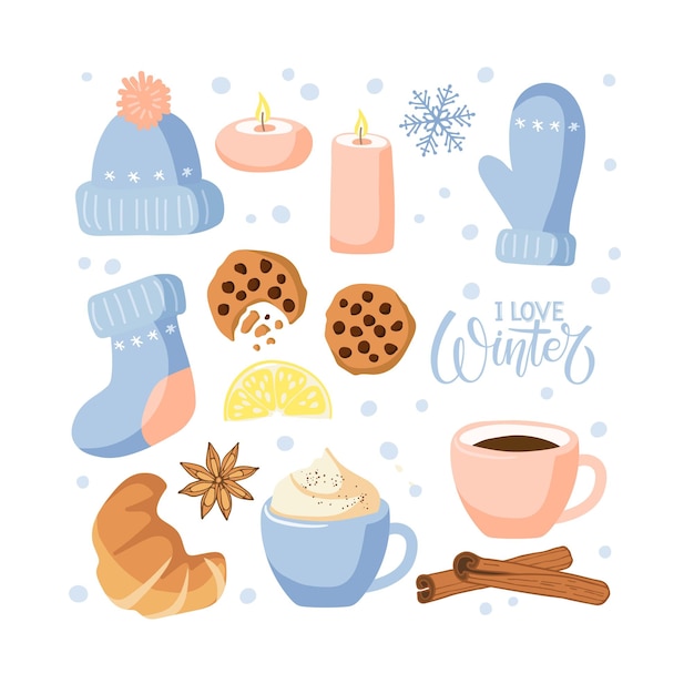 I love winter text and warm winter knitted clothing hot drinks and treats spices candles