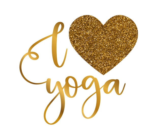I Love Yoga Concept 황금 비문 타이포그래피 디자인 로고와 심장 기호