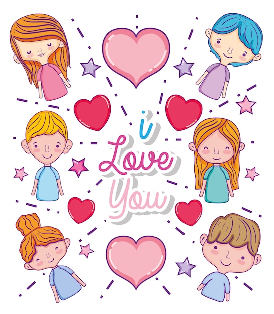 I love you card with cute kids cartoon vector illustration graphic design