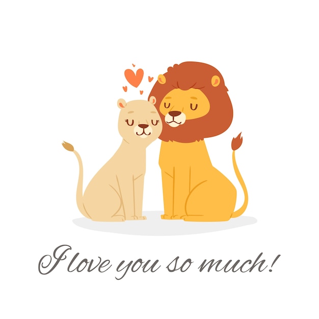 Vector i love you lion lettering  illustration.   cute happy lion couple sitting together with pink loving hearts on romantic date. valentine day celebration card  on white