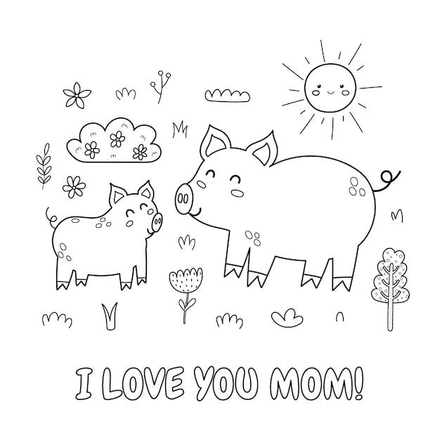 귀여운 엄마 돼지와 그녀의 새끼 돼지가 있는 엄마 흑백 인쇄를 사랑합니다