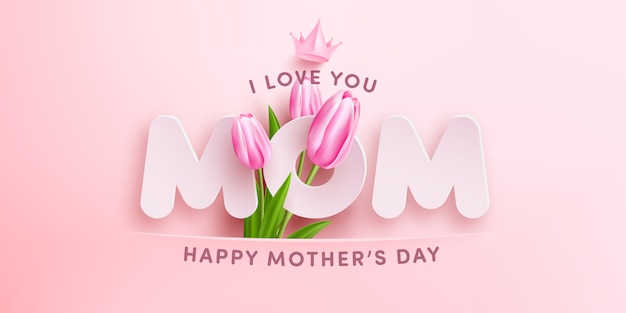 甘い背景、花、ピンクの背景にピンクのギフトボックスと「i love you mom」母の日バナー。