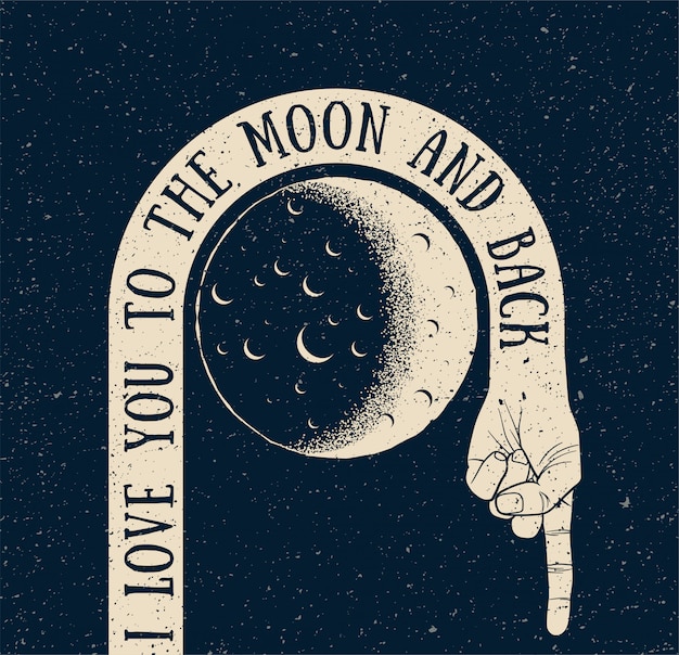 Vettore ti amo fino alla luna e ritorno. l'annata creativa disegnata con la mano gira intorno alla luna e alla schiena. modello di disegno della cartolina d'auguri