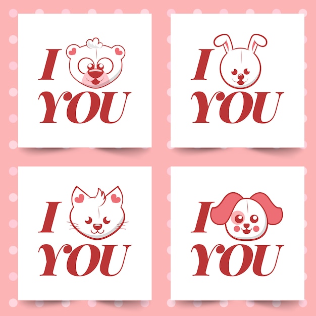 I love you. valentine's day greeting card with different cute animals