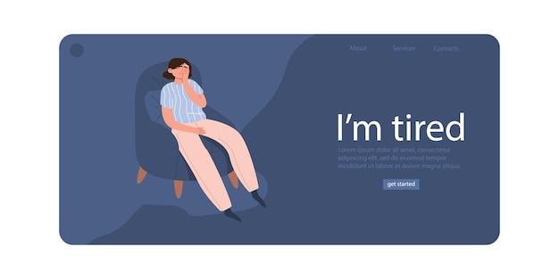 I'm tired landing page template the unhappy woman is sad alone bad mood depressive state vector cartoon flat illustration on an isolated white background