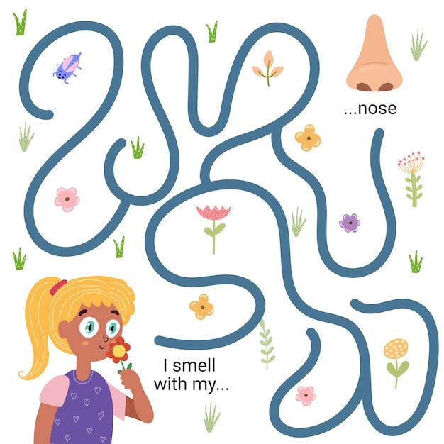 I smell with my nose funny maze game for kids. Learning five senses worksheet.