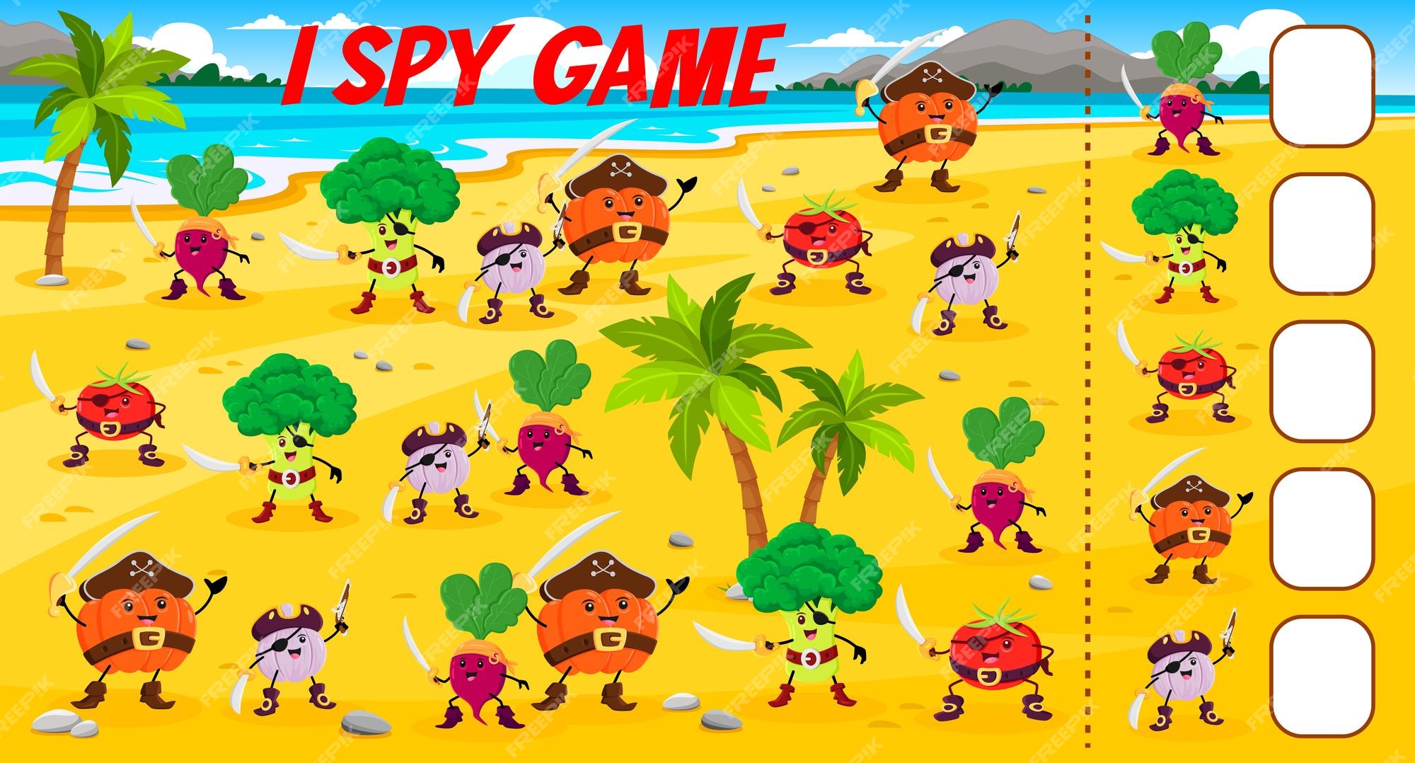 Premium Vector  I spy game, cartoon vegetable pirate or corsair