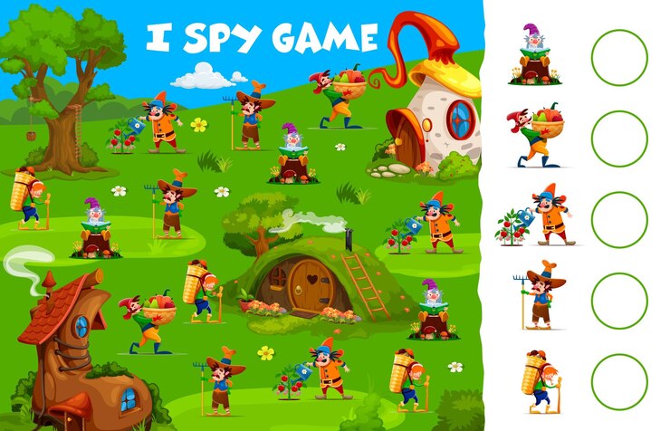 वेक्टर i spy game garden gnomes in fairytale village