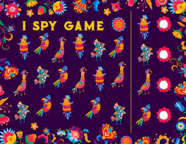 I spy game Mexican Brazilian parrots floral motif