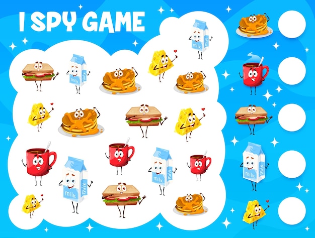 Vector i spy game with breakfast food and dairy character