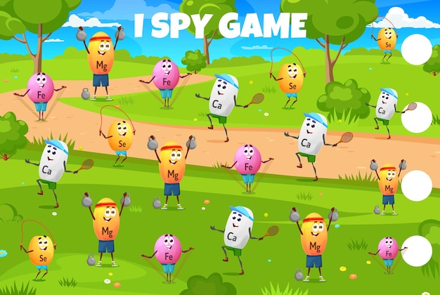 I spy game with cartoon vitamin sportsman characters kids vector quiz worksheet Vitamins and minerals on sport calcium with gym barbell magnesium playing tennis in game to find and match similar