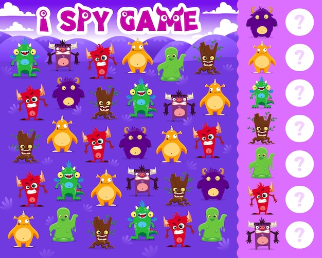 I spy game with cute cartoon monster characters