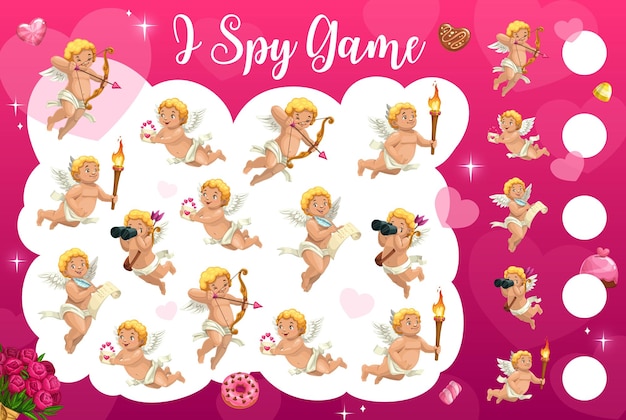 I spy game worksheet cartoon cupid angels hearts