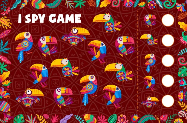 I spy game worksheet cartoon toucan birds puzzle