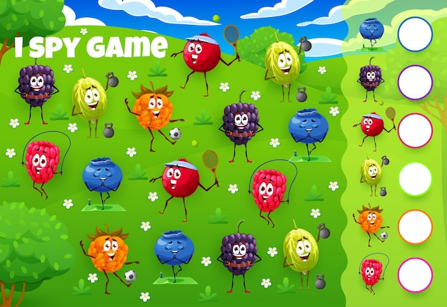 I spy game worksheet with cartoon berry characters