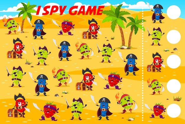 Vector i spy game worksheet with cartoon berry pirates and corsairs on island kids vector riddle count how many honeyberry gooseberry barberry grape and strawberry filibuster characters children test