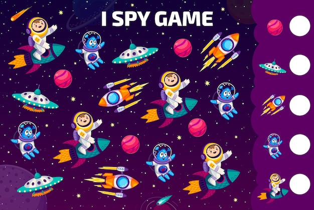 I spy game worksheet with cartoon kids astronauts