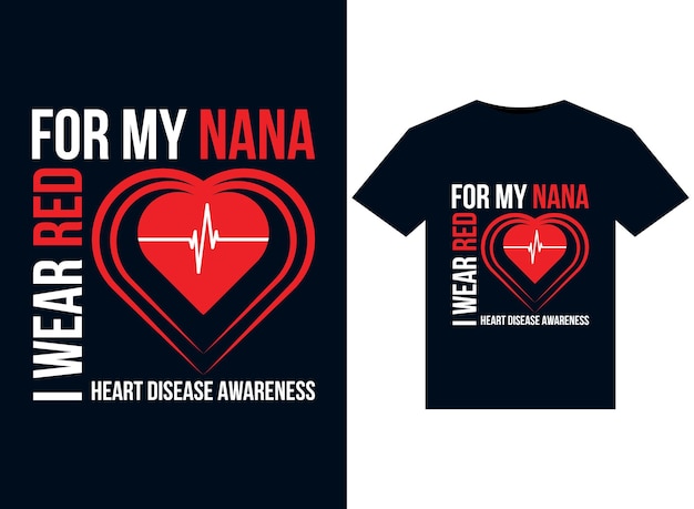 인쇄용 티셔츠 디자인을 위한 Nana Heart Disease Awareness 일러스트레이션을 위해 빨간색을 입습니다.