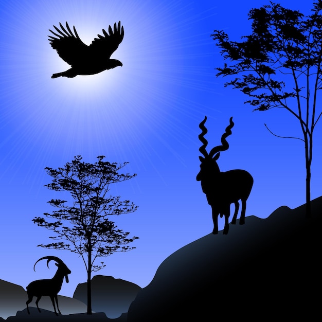 Vector ibex and eagle silhouette on sunset background