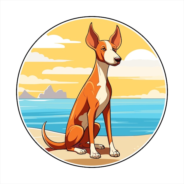 Vector ibizan hound dog breed cute cartoon kawaii character beach summer animal pet sticker illustration