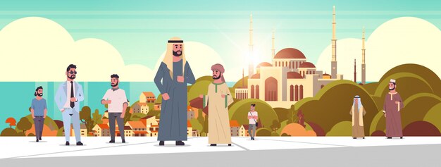 ic people walking outdoor arab men wearing traditional clothes arabian cartoon characters over nabawi mosque building muslim cityscape beautiful seaside background horizontal