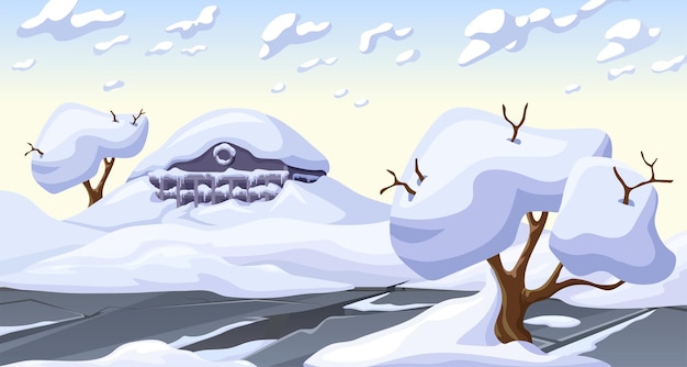 Vector ice age cartoon game house with mountains of snow frozen  destroyed building after storm