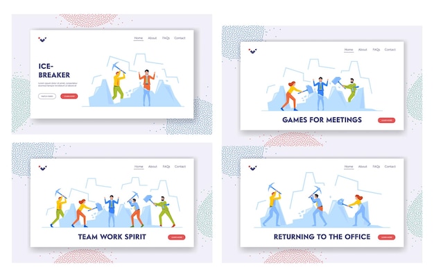 氷を壊すランディング ページ テンプレート セットつるはしとハンマーの文字を保持しているビジネス人々 危機を突破