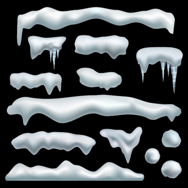 Ice cap snow caps with shadow snowdrifts snowballs and icicles frozen roof effect winter season christmas and new year realistic 3d isolated on black background decor collection vector set