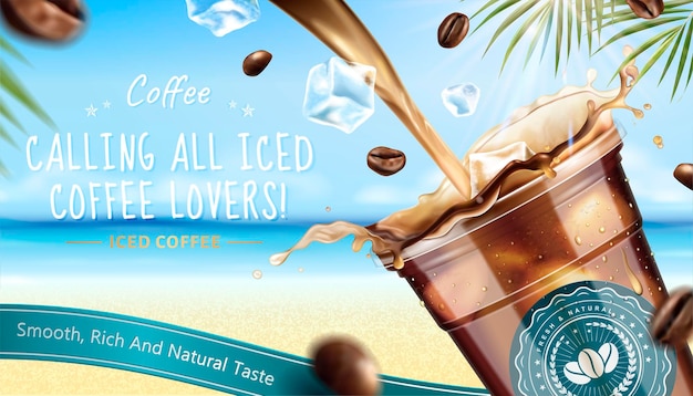 Ice coffee banner banner with liquid pouring down into takeaway cup on resort surface in 3d style