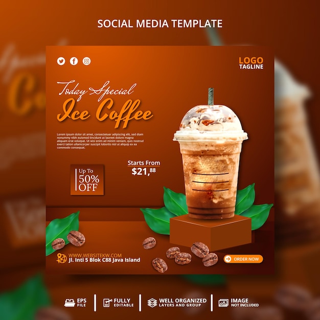아이스 커피 배너 소셜 미디어 게시물 템플릿