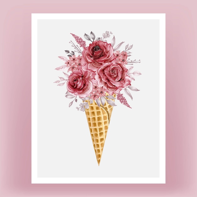 Cono di ghiaccio con illustrazione di borgogna rosa fiore dell'acquerello