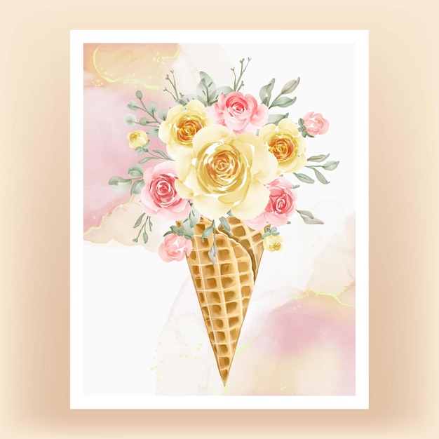 Ice cone with watercolor flower yellow peach