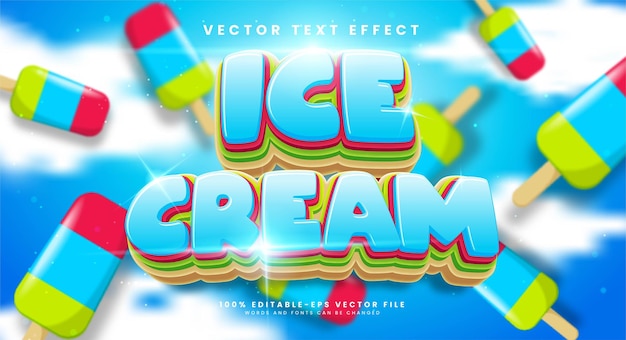 벡터 달콤한 음식 개념에 적합한 다채로운 테마로 아이스크림 3d 편집 가능한 텍스트 효과