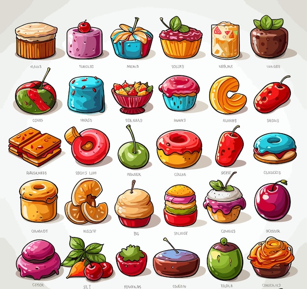 벡터 아이스크림과 케이크 아이콘은 다양한 다채로운 만화 음식으로 구성되어 있습니다.