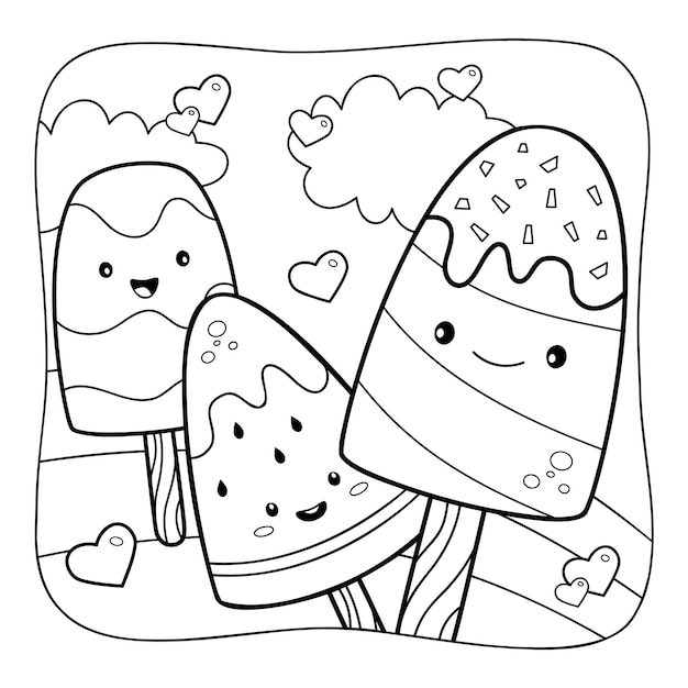 Ice cream black and white Coloring book or Coloring page for kids Nature background