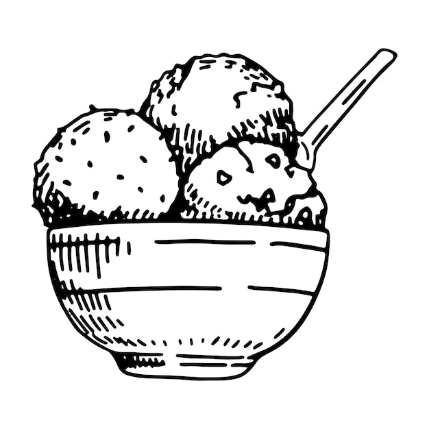 Ice cream in a bowl clipart Single doodle of summer sweet food isolated on white Hand drawn vector illustration in engraving style