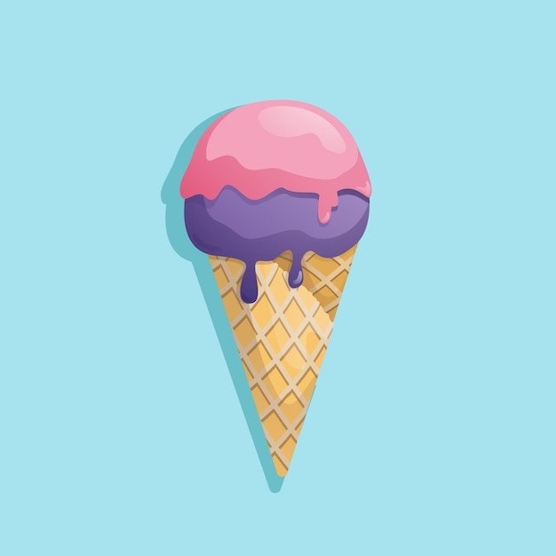 Ice cream in bright cartoon style An ice cream cone with purple and pink on a blue background