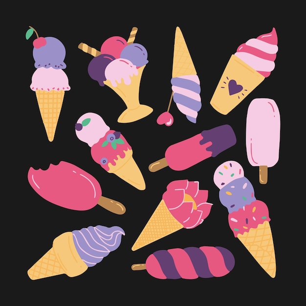 Ice cream in bright colors and different shapes.