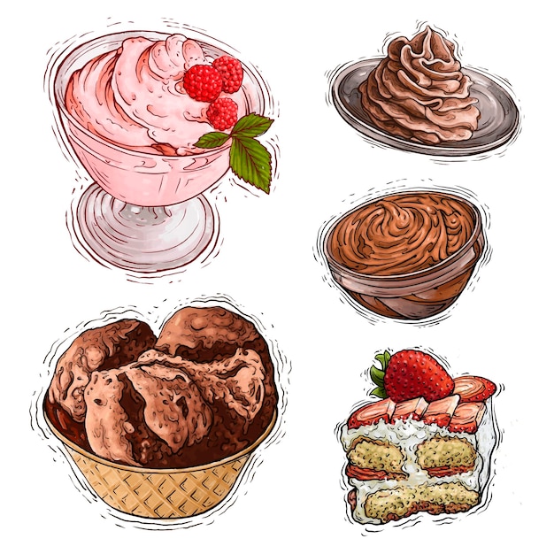 Мороженое и торт десерт акварельные иллюстрации