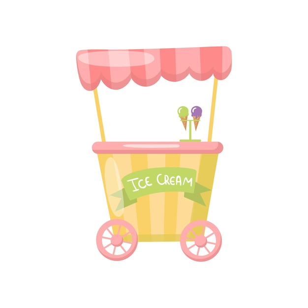 Vector ice cream cart on wheels food kiosk cartoon vector illustration on a white background