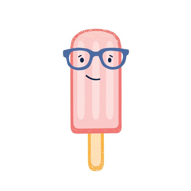 Vector ice cream cartoon character in eyeglasses illustration. strawberry popsicle, fruity frozen treat isolated on white