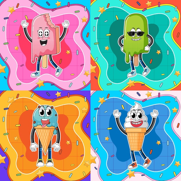 Персонаж мультфильма о мороженом с ретро-фоном