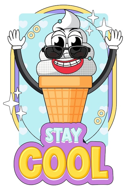 Vettore personaggio dei cartoni animati di gelato con distintivo stay cool