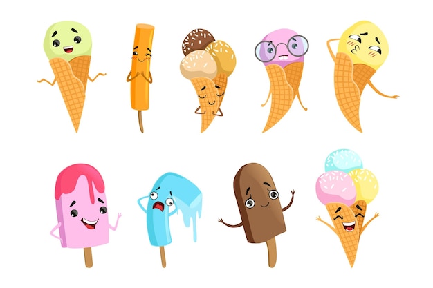 Ice Cream Cartoon Characters Set Happy Ice Cream Cones and Popsicles with Funny Faces Vector Illustration on White Background