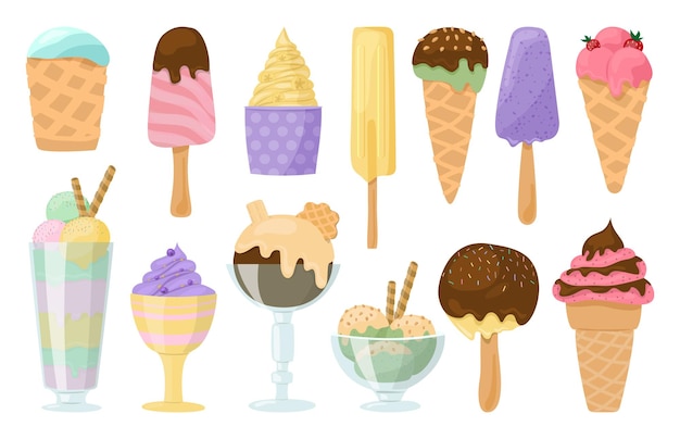 Ice cream cartoon set glass waffle cup taste toppings cold dessert popsicle strawberry chocolate